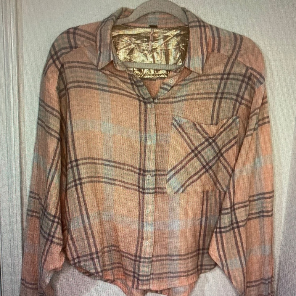 Free People Peach Plaid Button-Down Shirt
